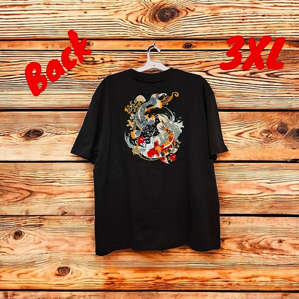 Dual Koi T-Shirt Embroidery Mens 3XL Black T-Shirt